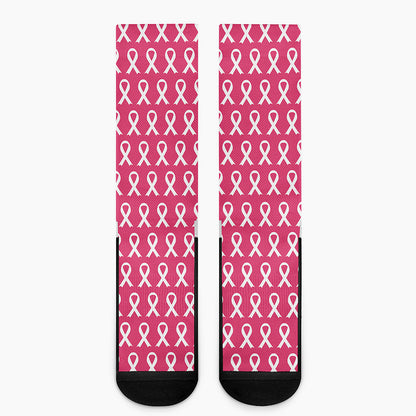 White And Pink Breast Cancer Print Crew Socks