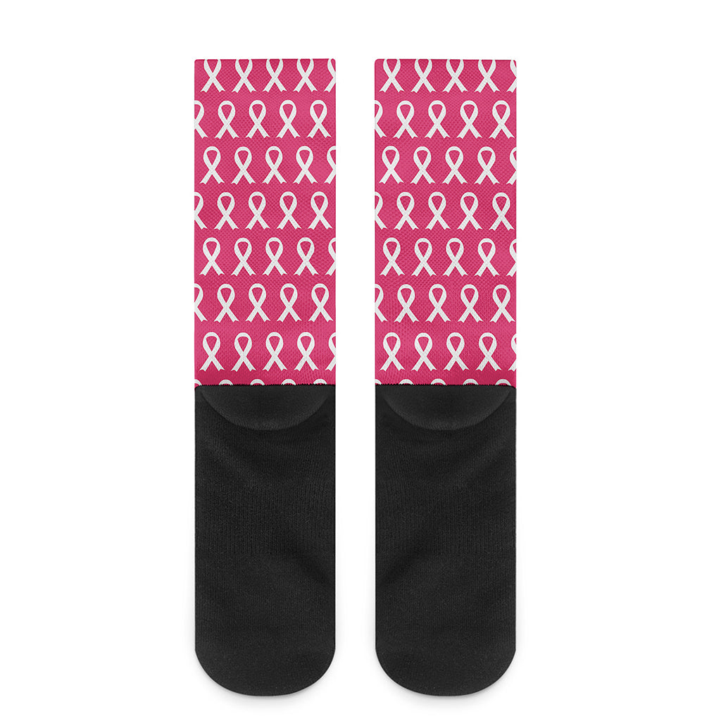 White And Pink Breast Cancer Print Crew Socks