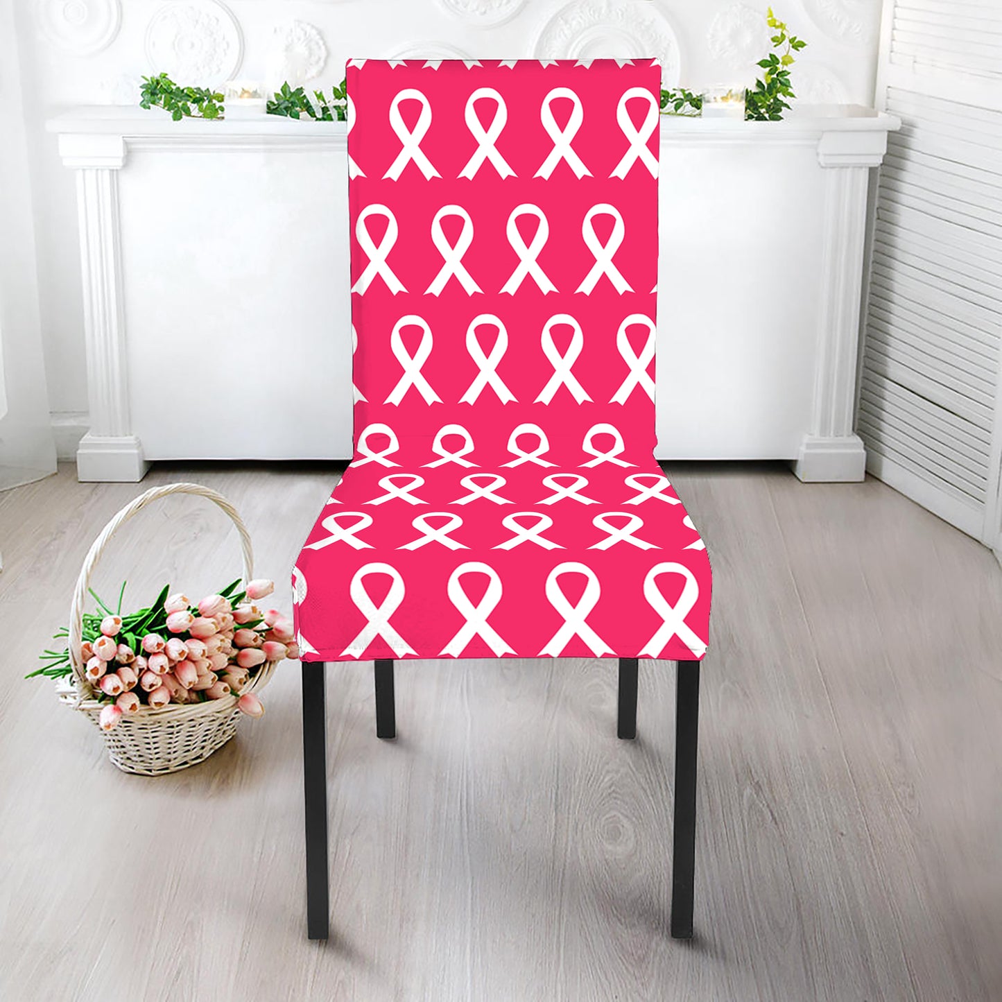 White And Pink Breast Cancer Print Dining Chair Slipcover