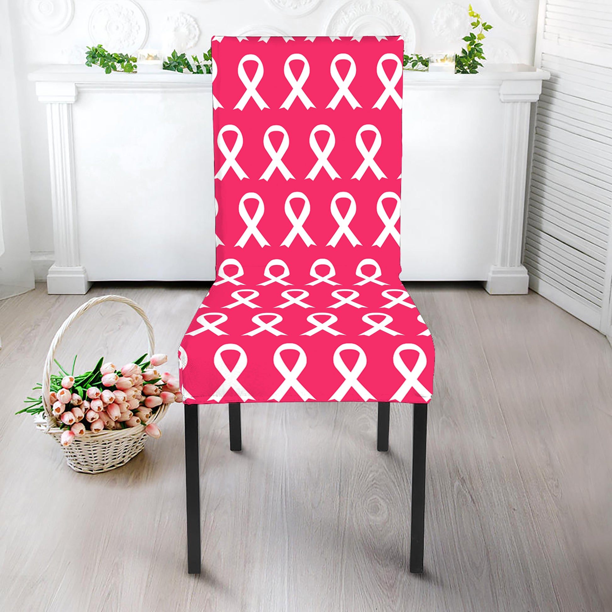 White And Pink Breast Cancer Print Dining Chair Slipcover