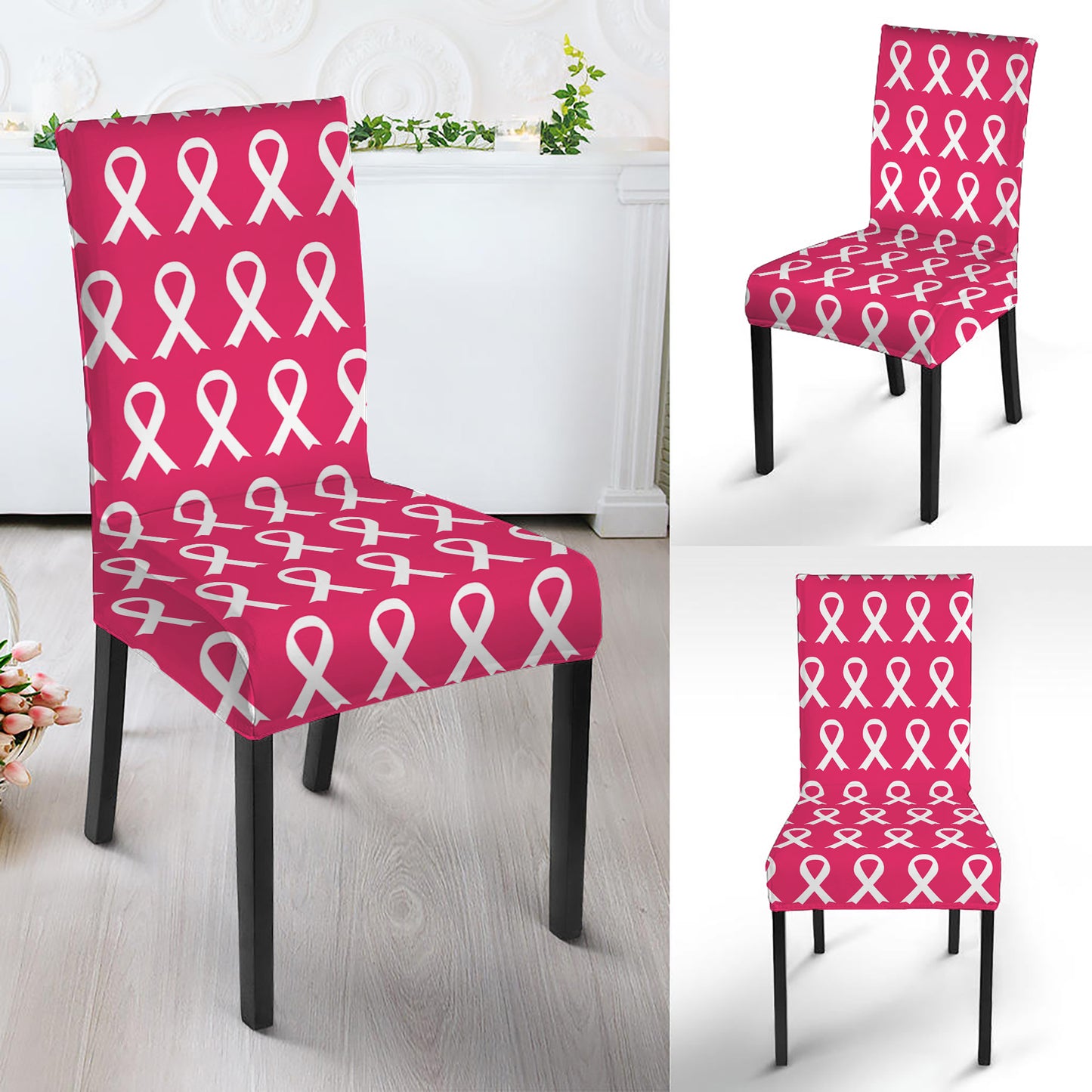 White And Pink Breast Cancer Print Dining Chair Slipcover