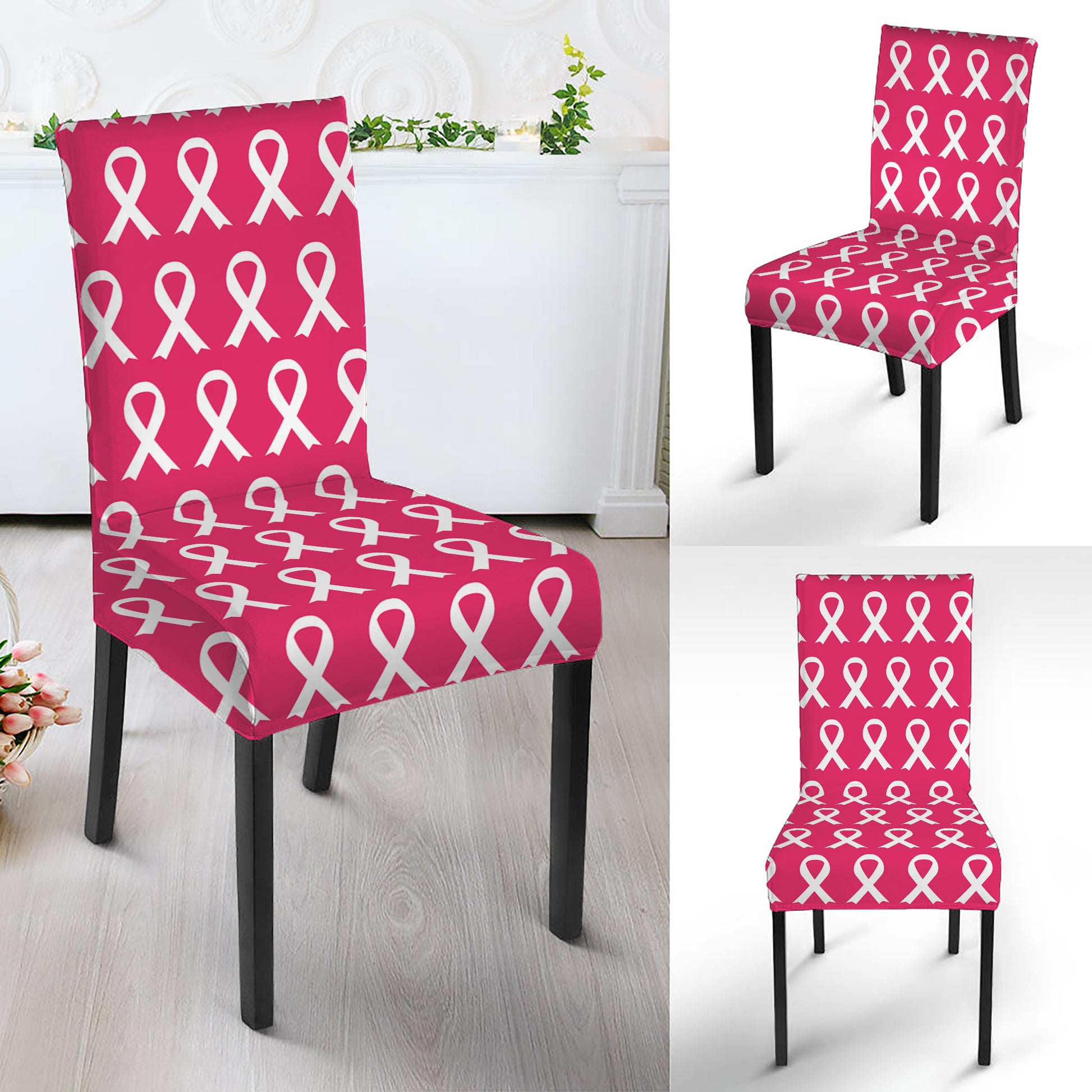 White And Pink Breast Cancer Print Dining Chair Slipcover