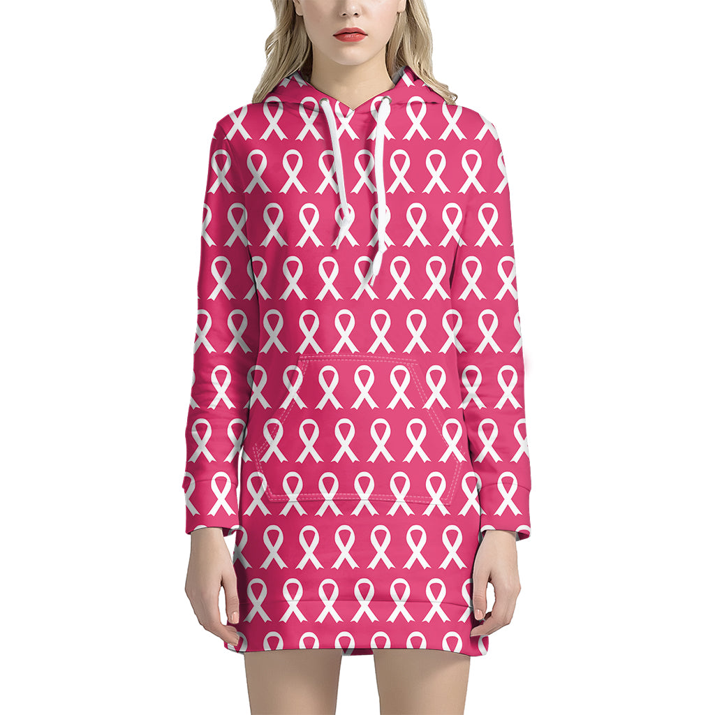 White And Pink Breast Cancer Print Hoodie Dress