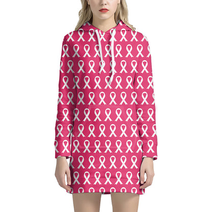 White And Pink Breast Cancer Print Hoodie Dress