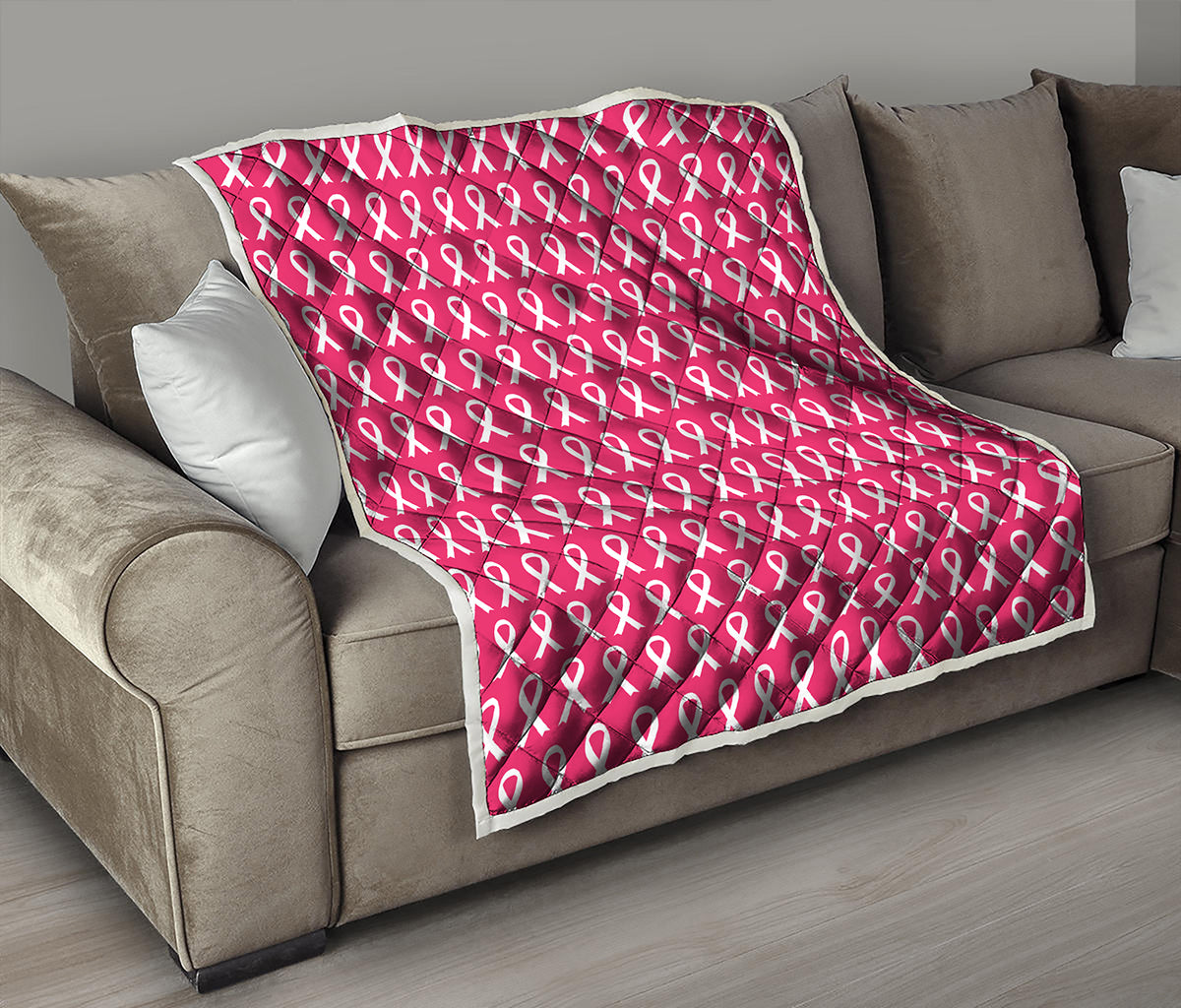 White And Pink Breast Cancer Print Quilt