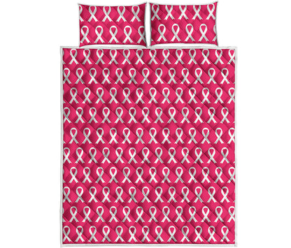 White And Pink Breast Cancer Print Quilt Bed Set