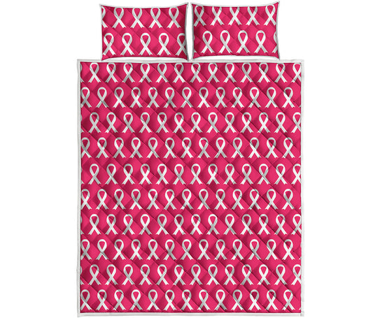 White And Pink Breast Cancer Print Quilt Bed Set