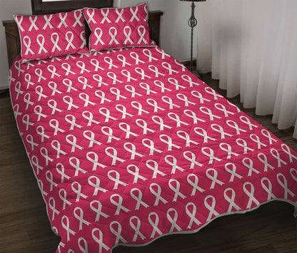 White And Pink Breast Cancer Print Quilt Bed Set