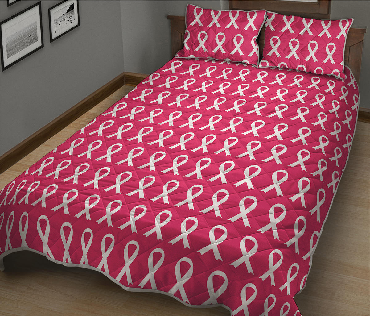 White And Pink Breast Cancer Print Quilt Bed Set