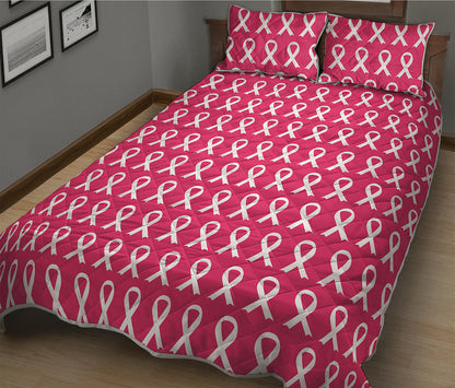White And Pink Breast Cancer Print Quilt Bed Set
