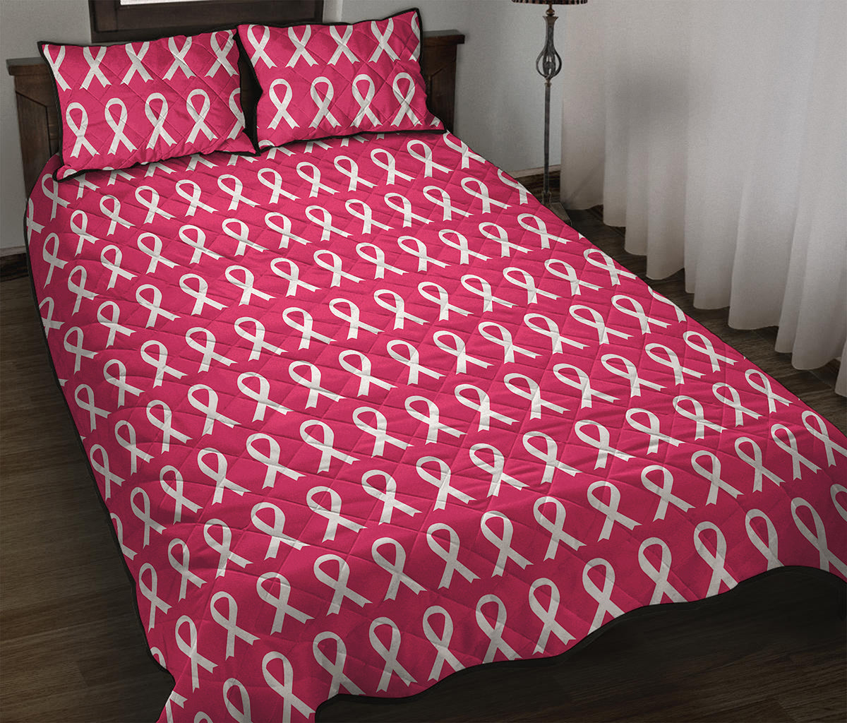 White And Pink Breast Cancer Print Quilt Bed Set