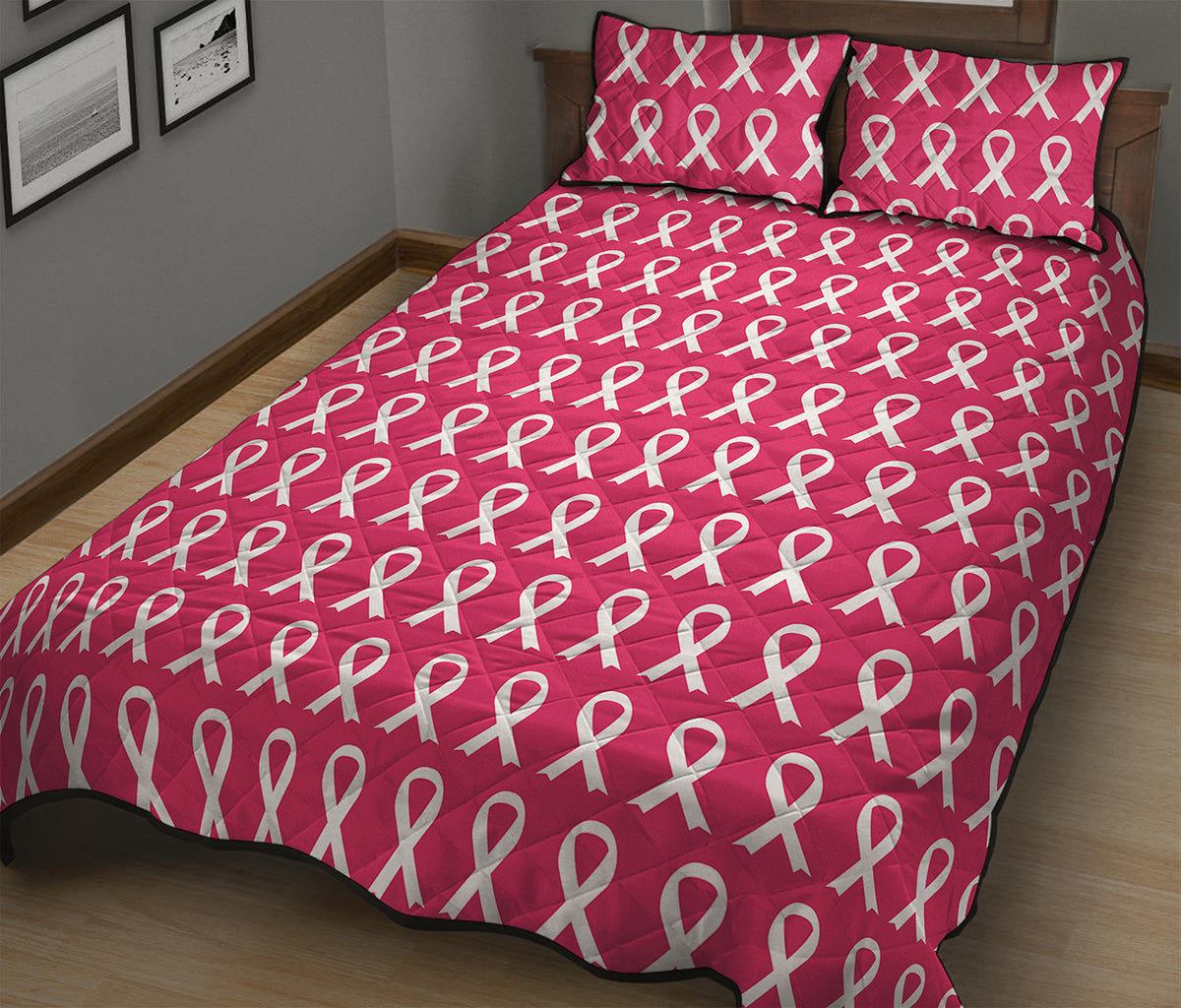 White And Pink Breast Cancer Print Quilt Bed Set