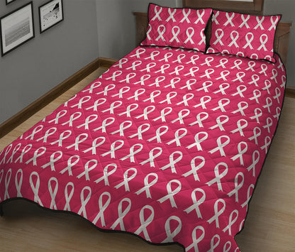 White And Pink Breast Cancer Print Quilt Bed Set