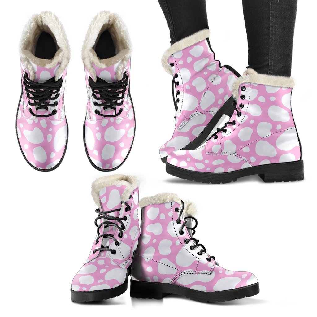 White And Pink Cow Print Comfy Boots GearFrost