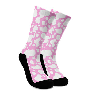 White And Pink Cow Print Crew Socks