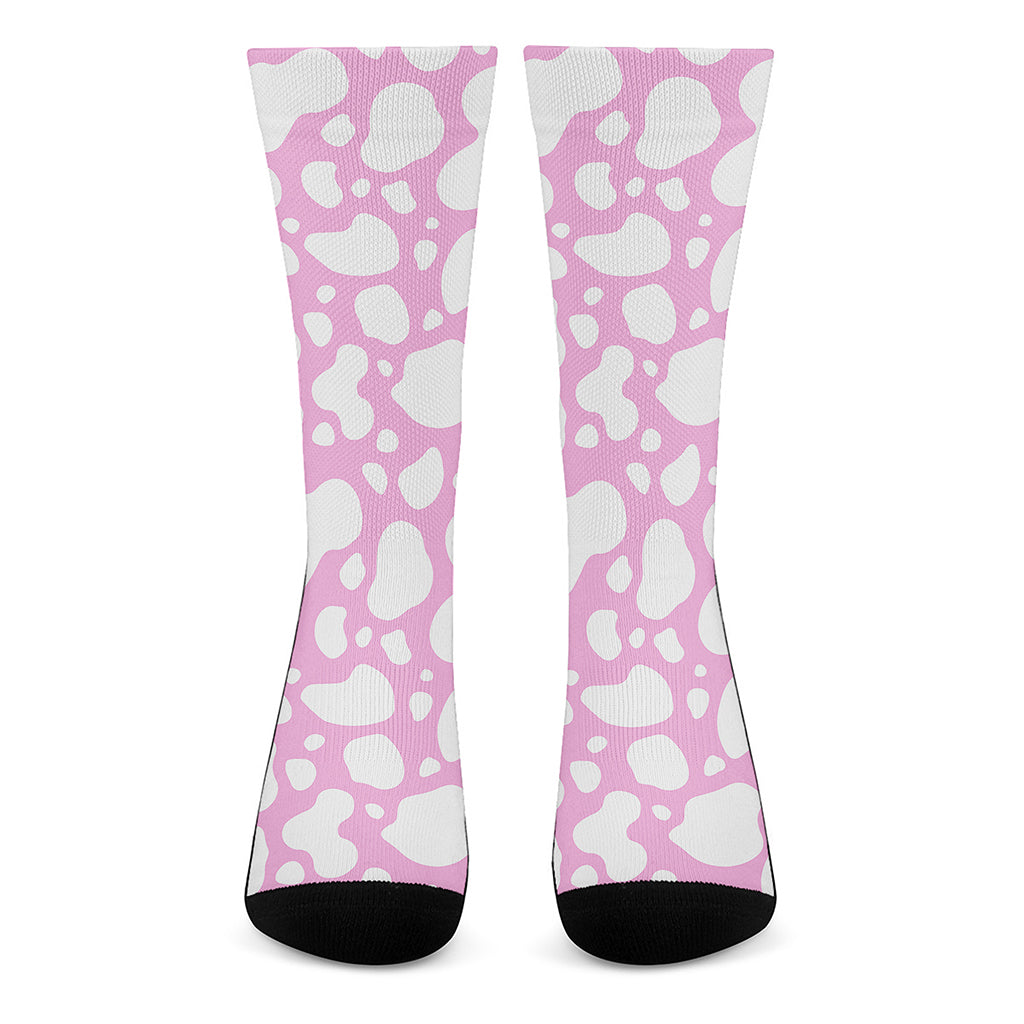 White And Pink Cow Print Crew Socks