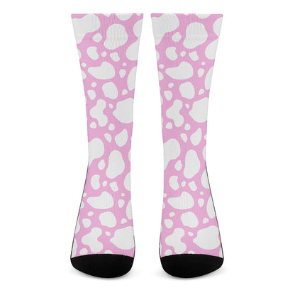 White And Pink Cow Print Crew Socks