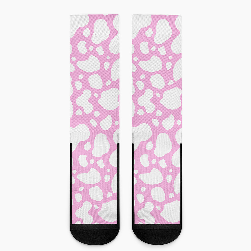 White And Pink Cow Print Crew Socks