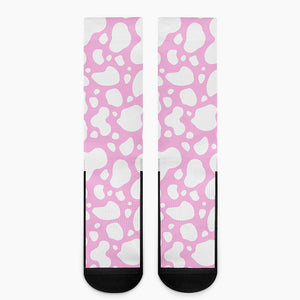 White And Pink Cow Print Crew Socks