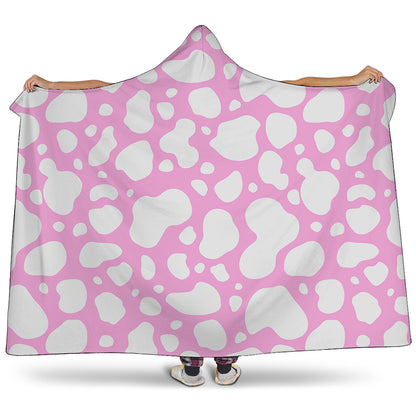 White And Pink Cow Print Hooded Blanket