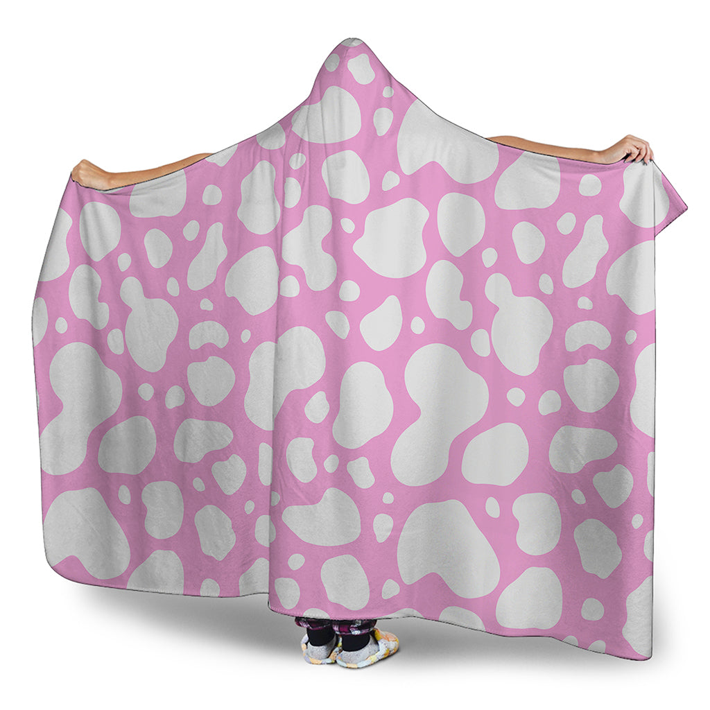 White And Pink Cow Print Hooded Blanket