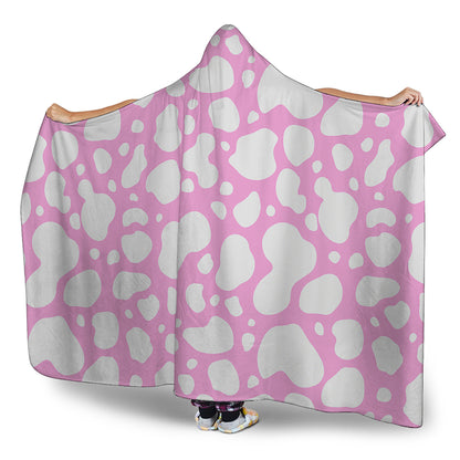 White And Pink Cow Print Hooded Blanket