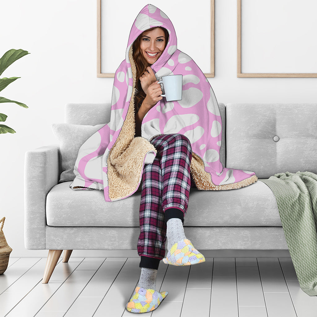 White And Pink Cow Print Hooded Blanket