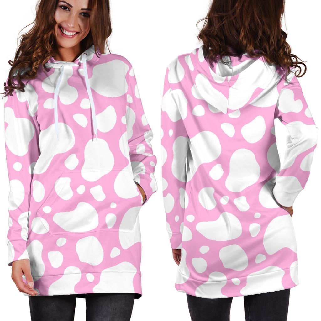 White And Pink Cow Print Hoodie Dress GearFrost