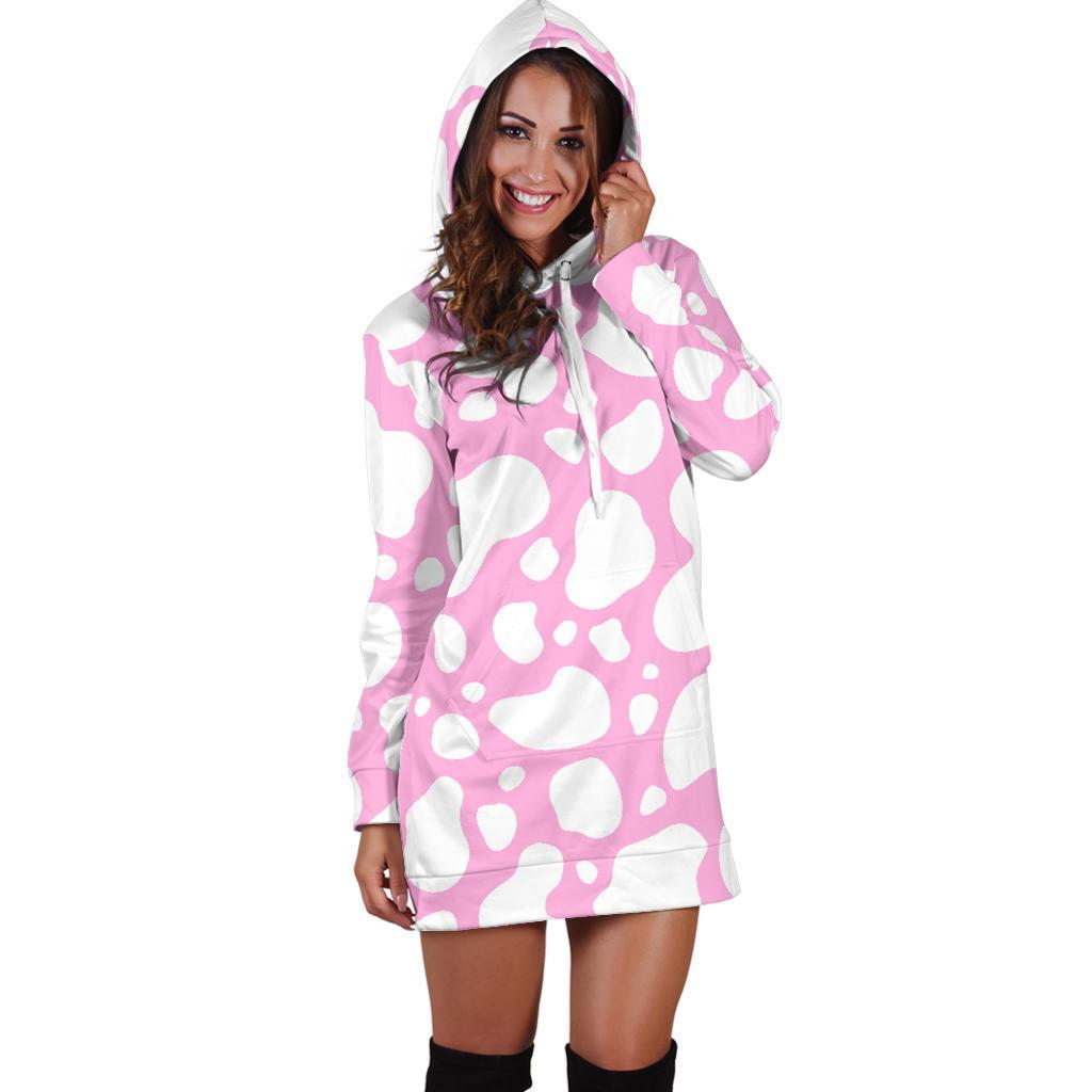 White And Pink Cow Print Hoodie Dress GearFrost
