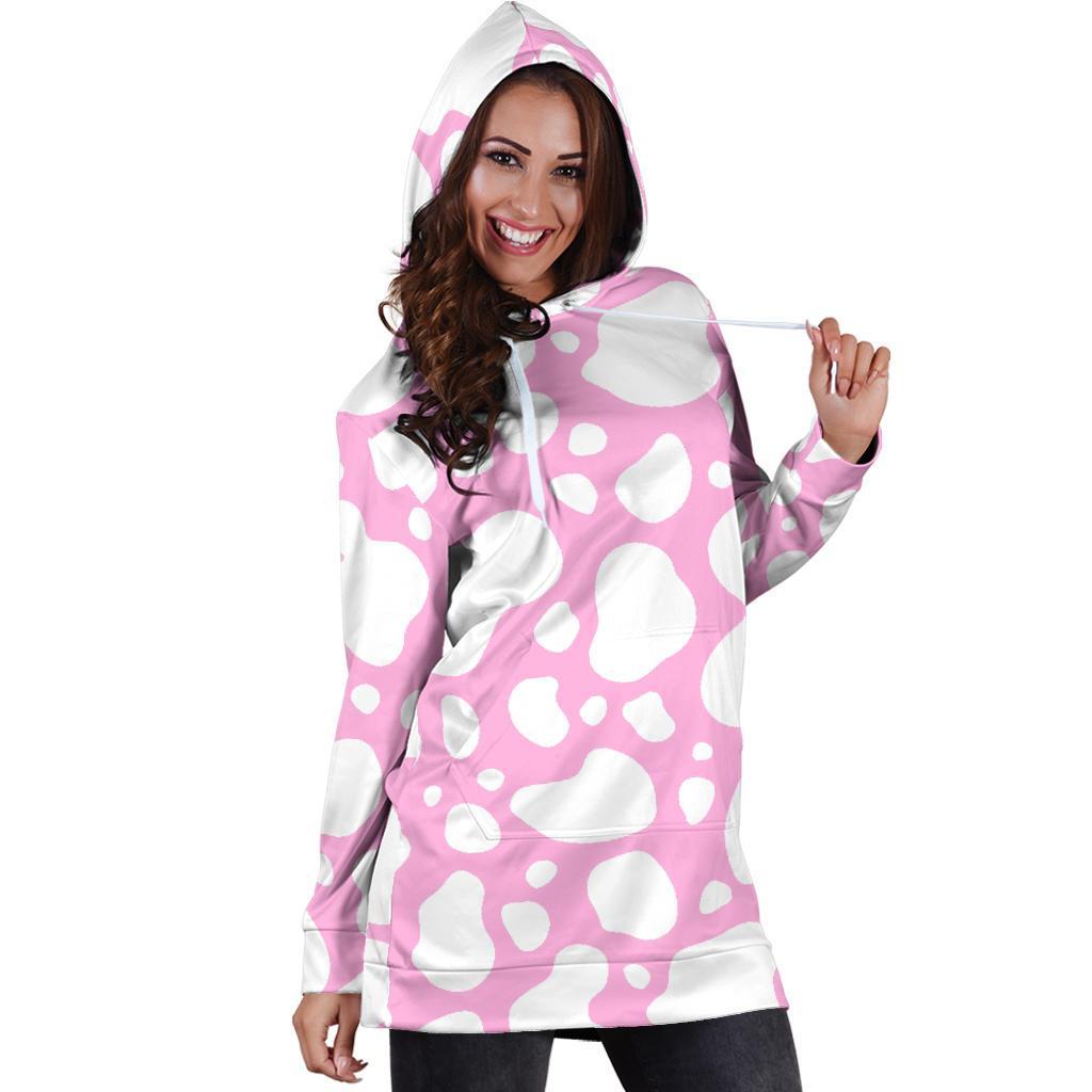 White And Pink Cow Print Hoodie Dress GearFrost