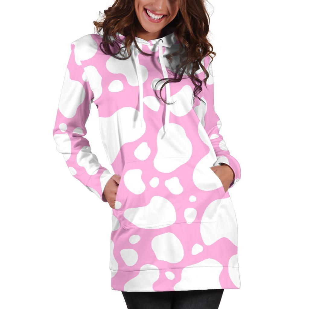 White And Pink Cow Print Hoodie Dress GearFrost