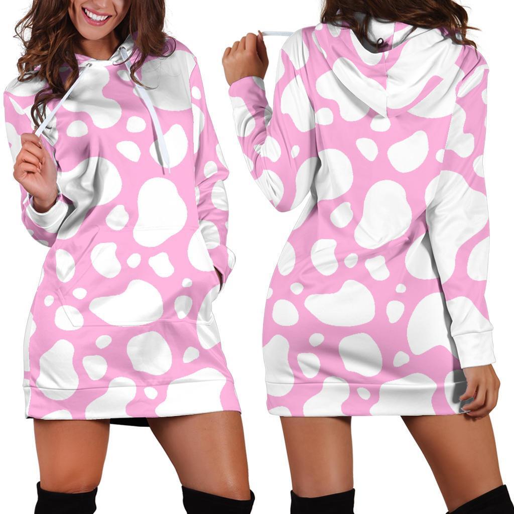 White And Pink Cow Print Hoodie Dress GearFrost
