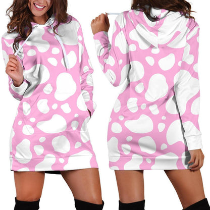 White And Pink Cow Print Hoodie Dress GearFrost
