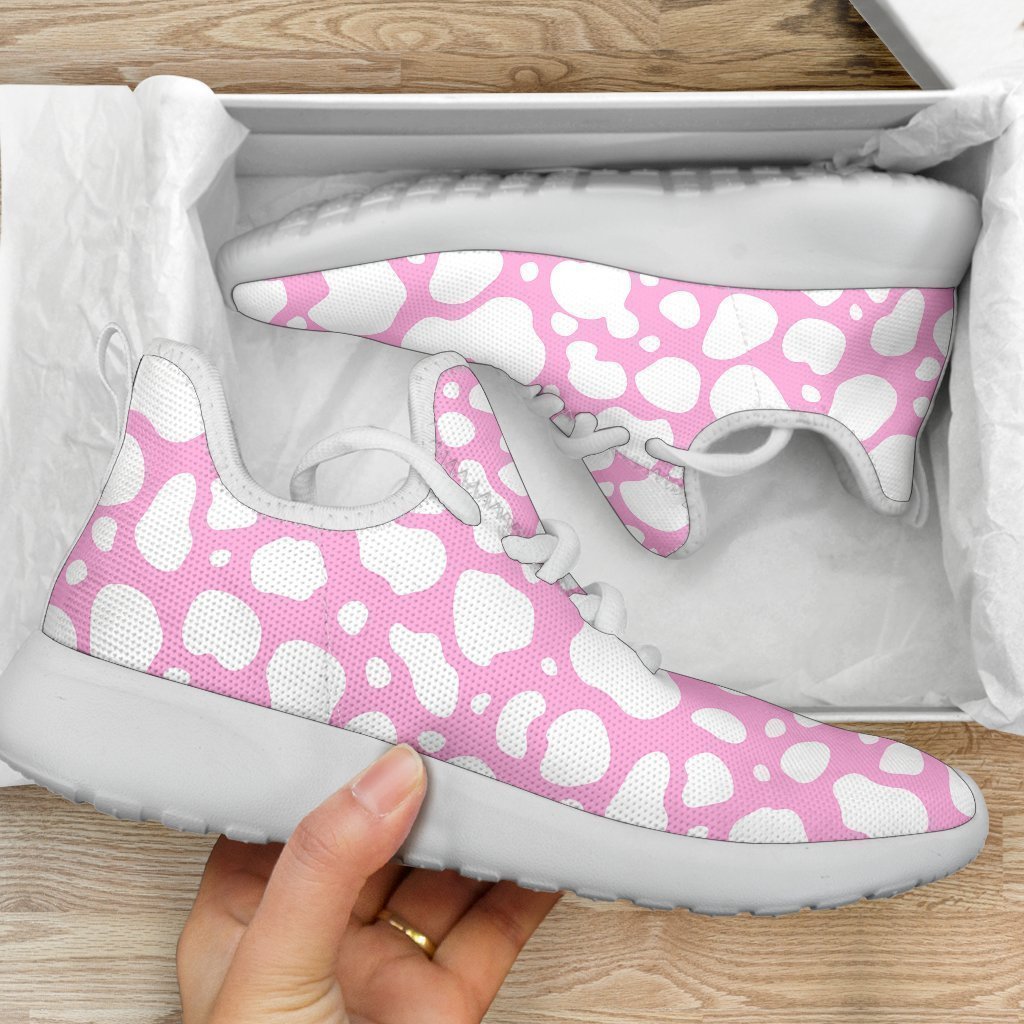 White And Pink Cow Print Mesh Knit Shoes GearFrost