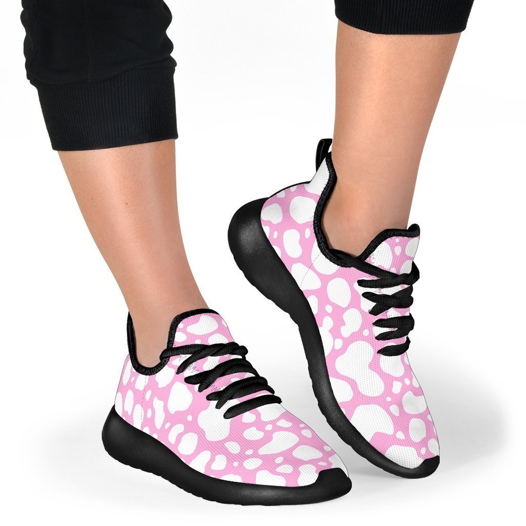 White And Pink Cow Print Mesh Knit Shoes GearFrost