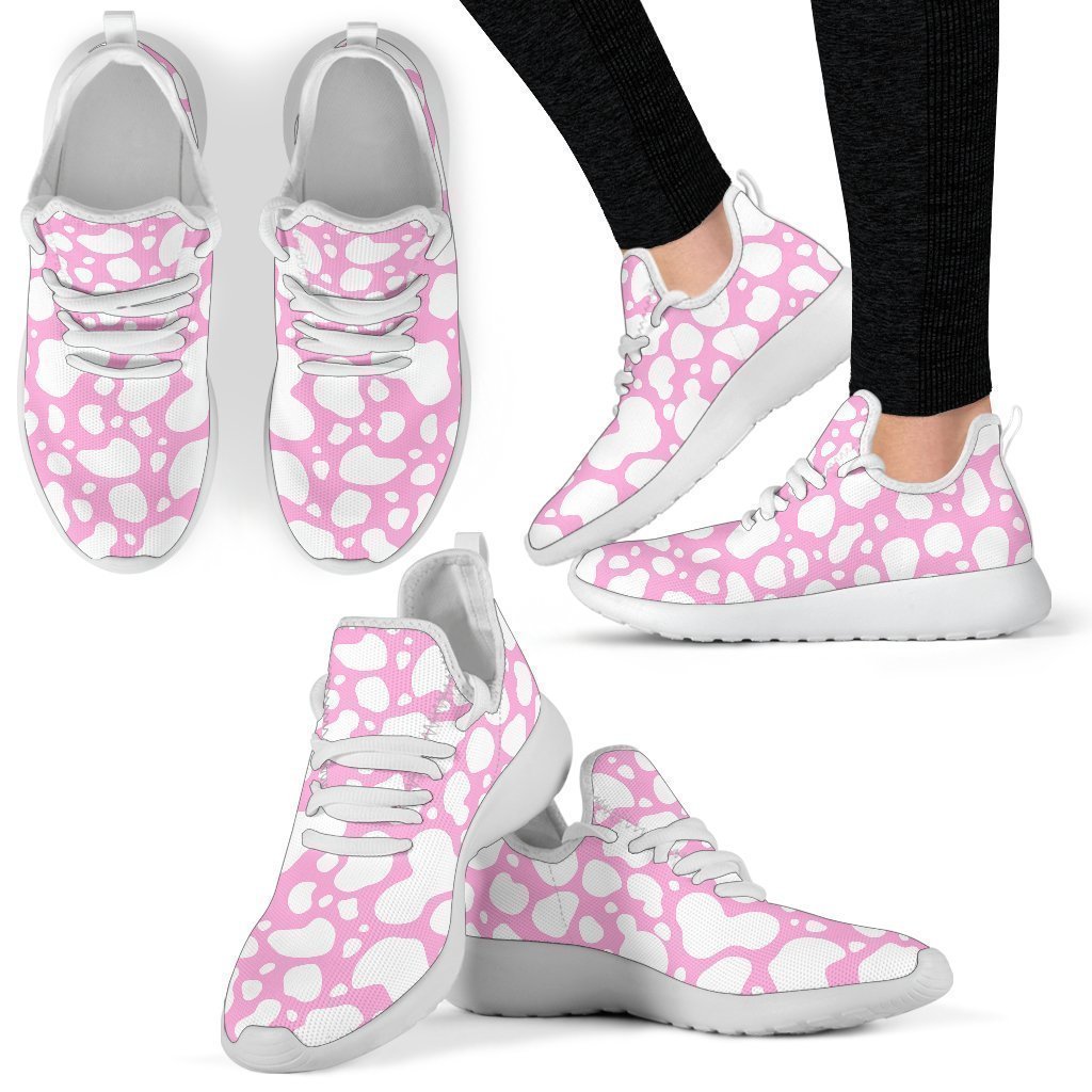 White And Pink Cow Print Mesh Knit Shoes GearFrost