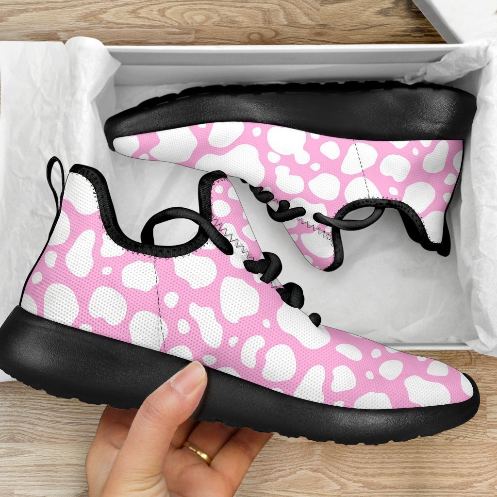 White And Pink Cow Print Mesh Knit Shoes GearFrost