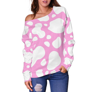 White And Pink Cow Print Off Shoulder Sweatshirt GearFrost