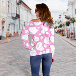 White And Pink Cow Print Off Shoulder Sweatshirt GearFrost