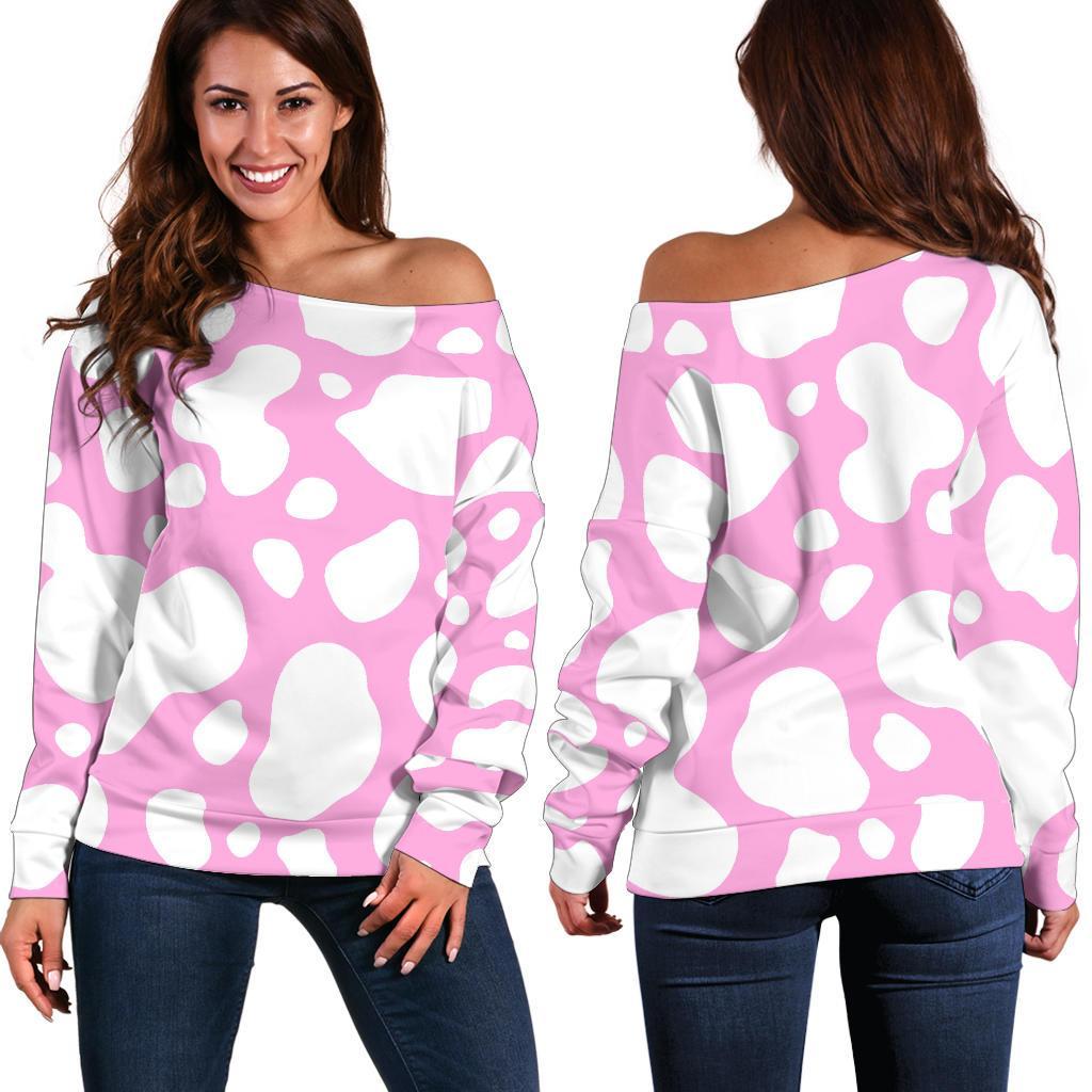 White And Pink Cow Print Off Shoulder Sweatshirt GearFrost