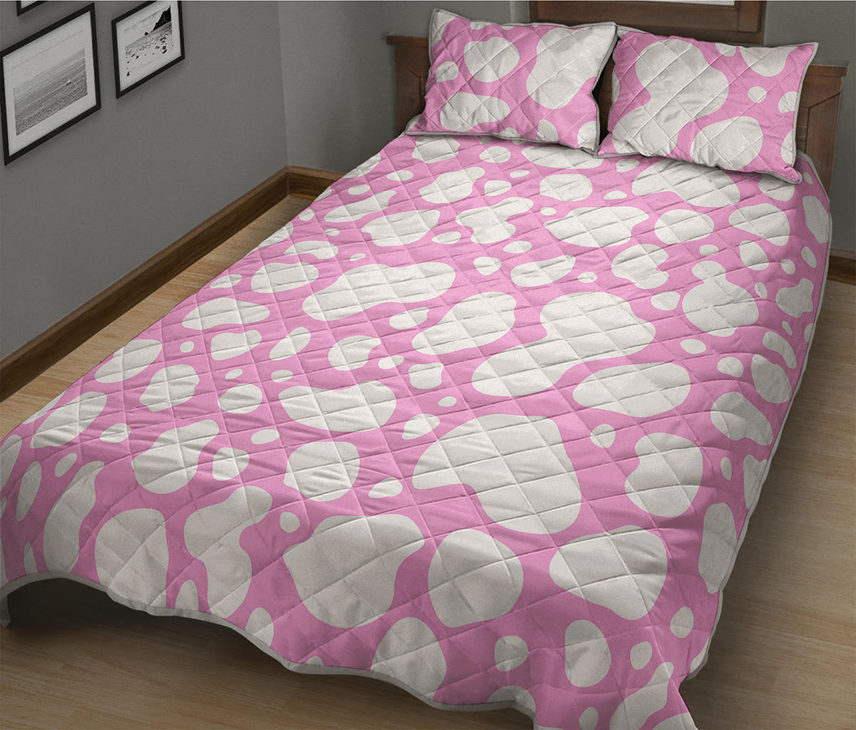 White And Pink Cow Print Quilt Bed Set