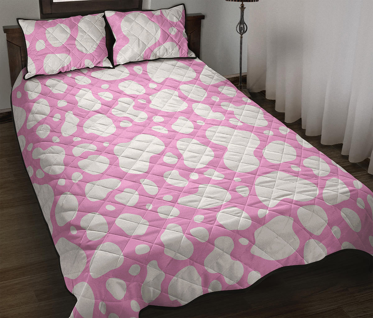 White And Pink Cow Print Quilt Bed Set