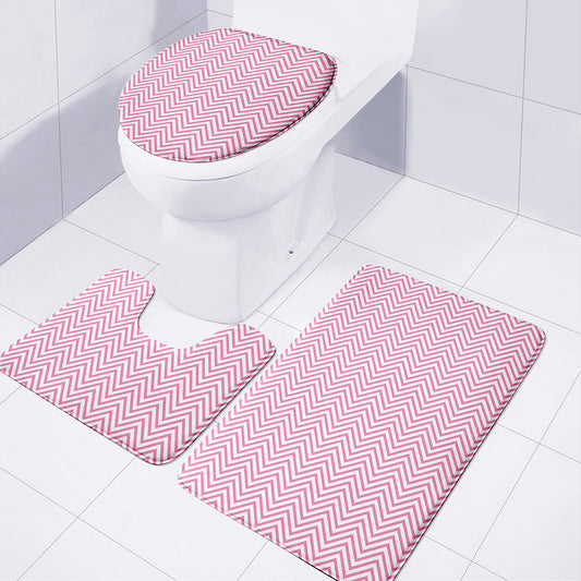 White And Pink Zigzag Pattern Print 3 Piece Bath Mat Set