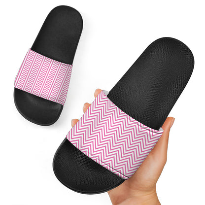 White And Pink Zigzag Pattern Print Black Slide Sandals