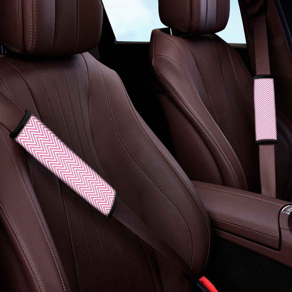 White And Pink Zigzag Pattern Print Car Seat Belt Covers