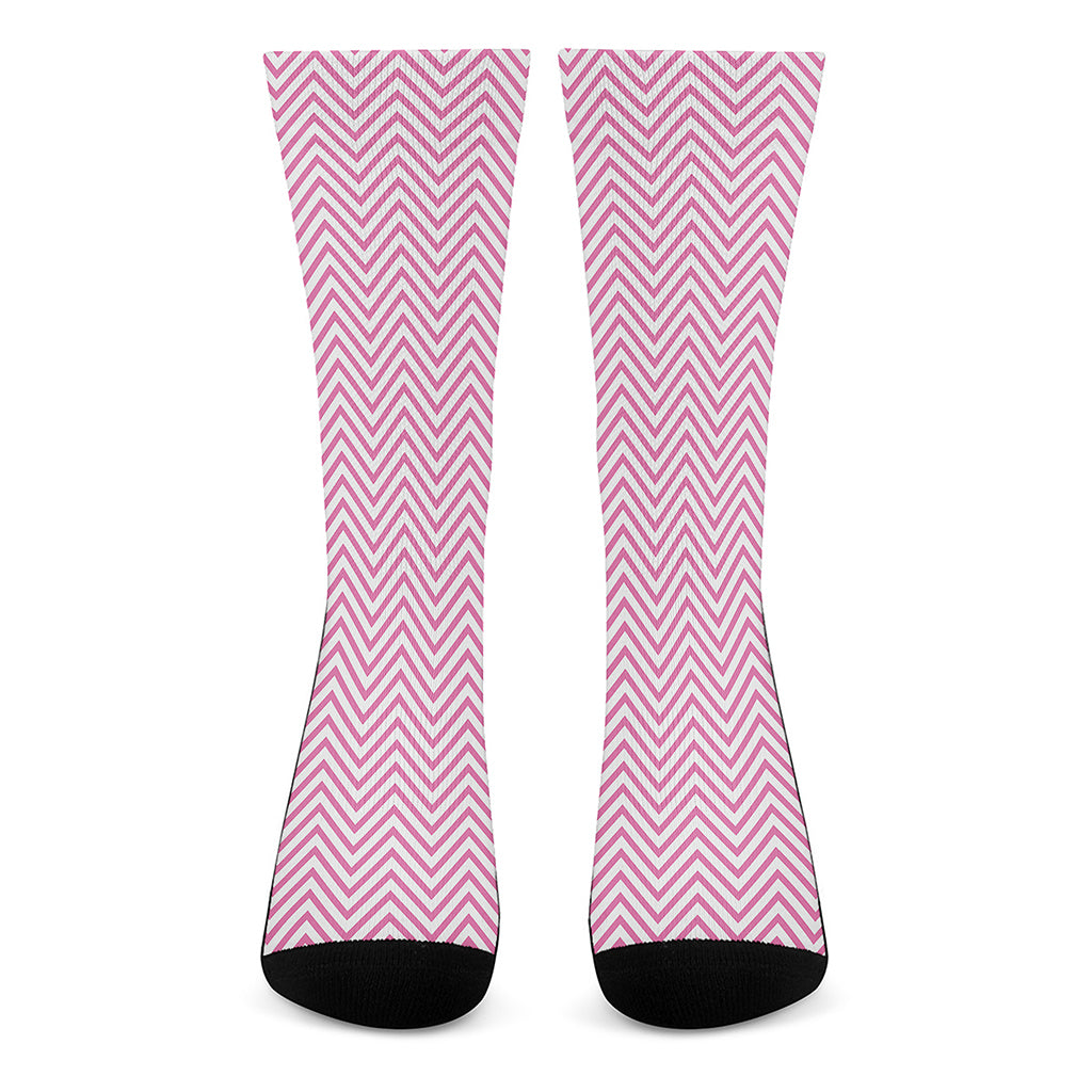 White And Pink Zigzag Pattern Print Crew Socks