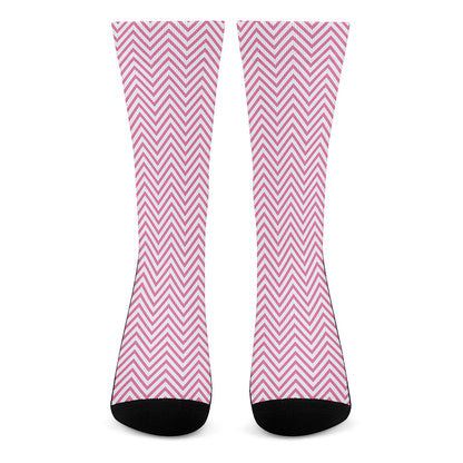 White And Pink Zigzag Pattern Print Crew Socks