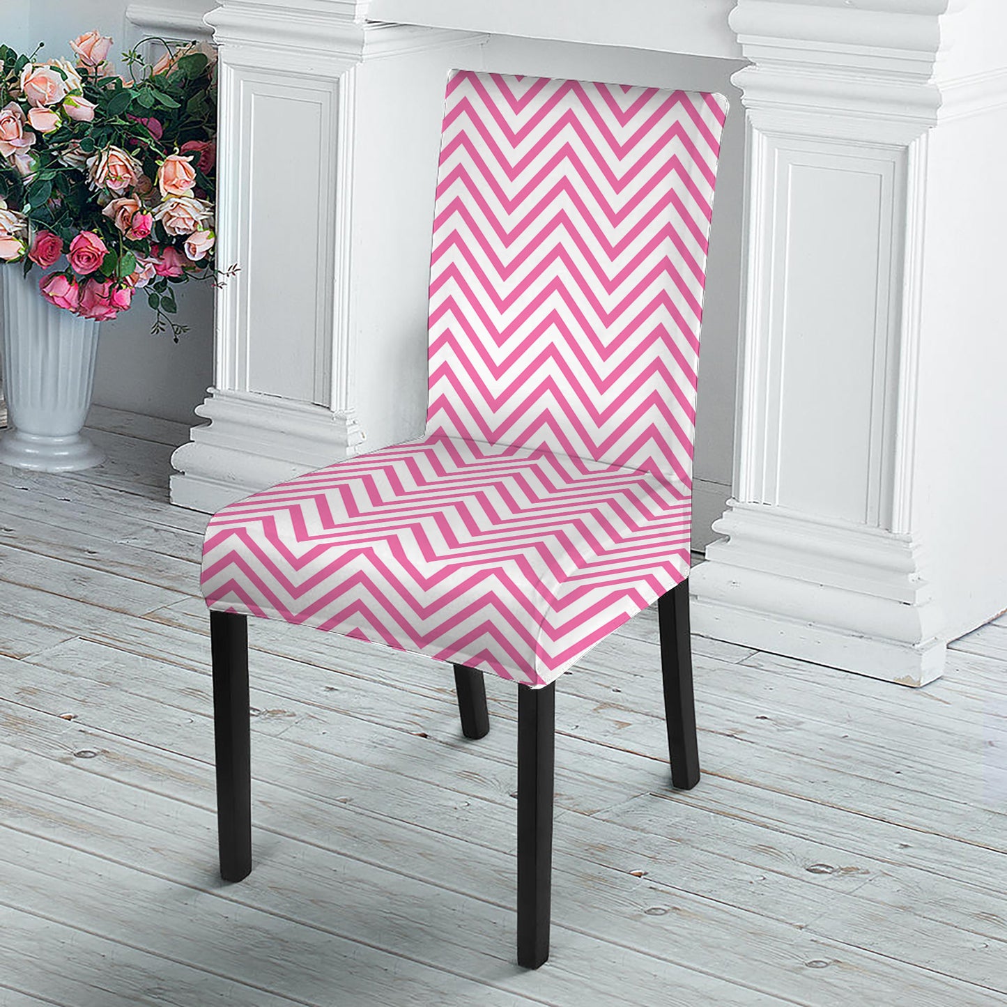 White And Pink Zigzag Pattern Print Dining Chair Slipcover