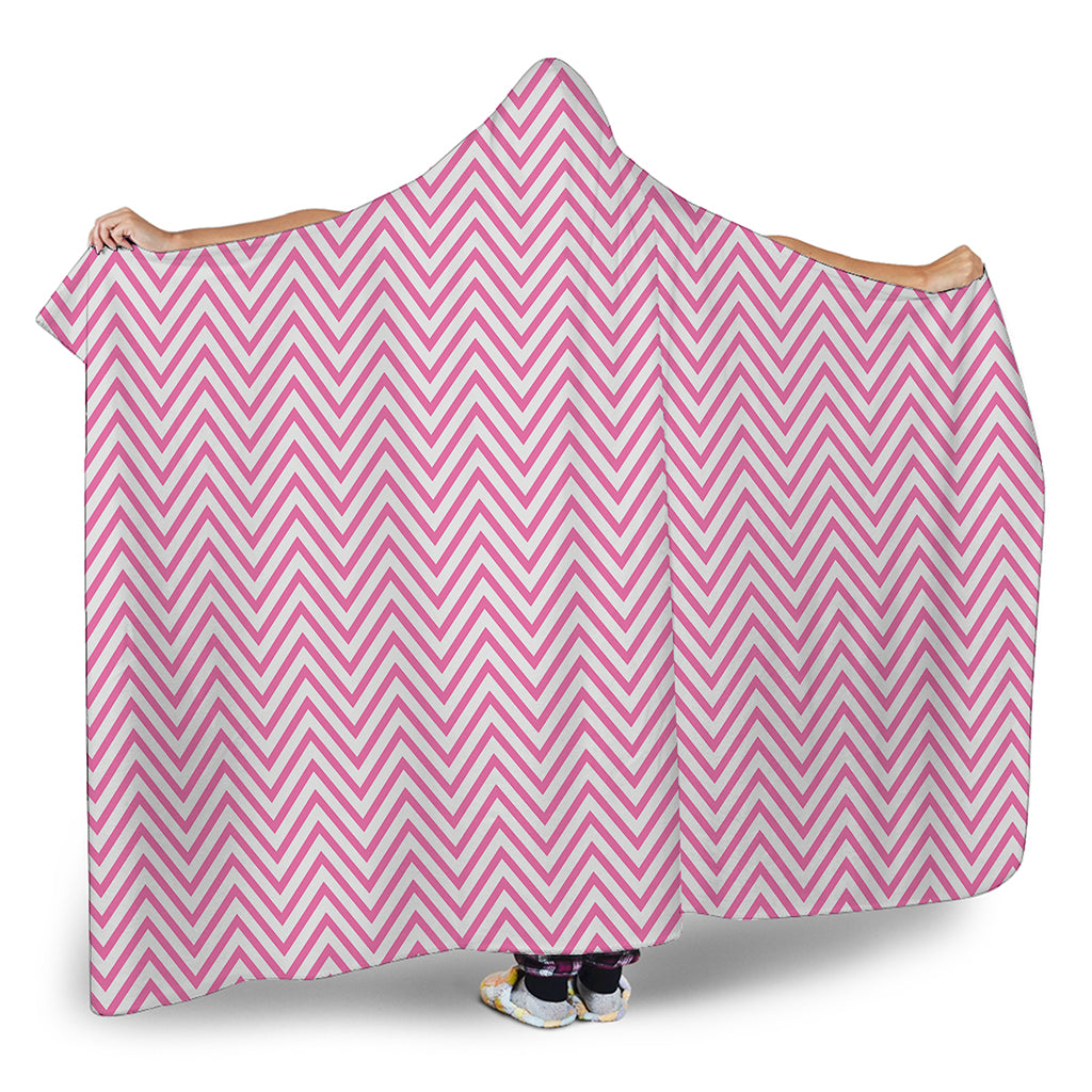 White And Pink Zigzag Pattern Print Hooded Blanket