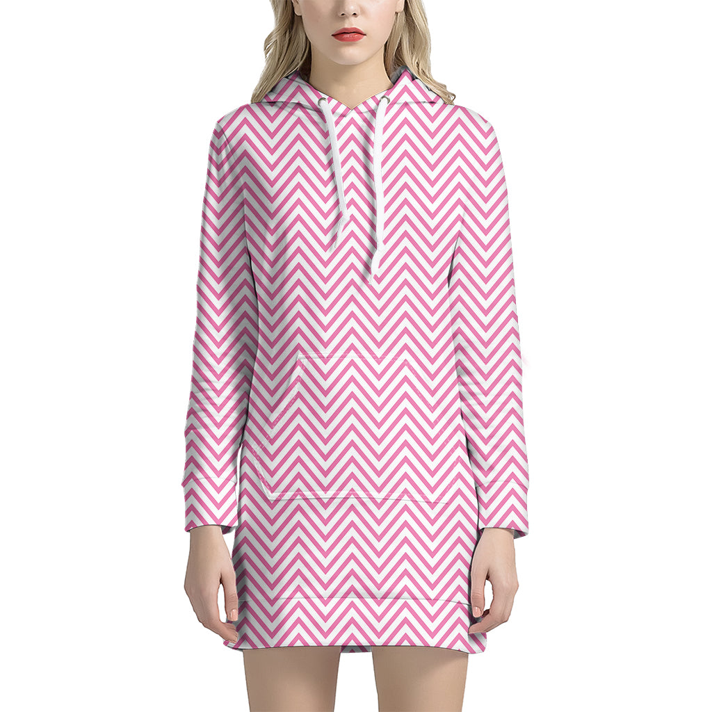 White And Pink Zigzag Pattern Print Hoodie Dress